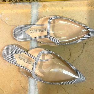 MackinJ clear & fabric flat mules size 8 EU 38.5